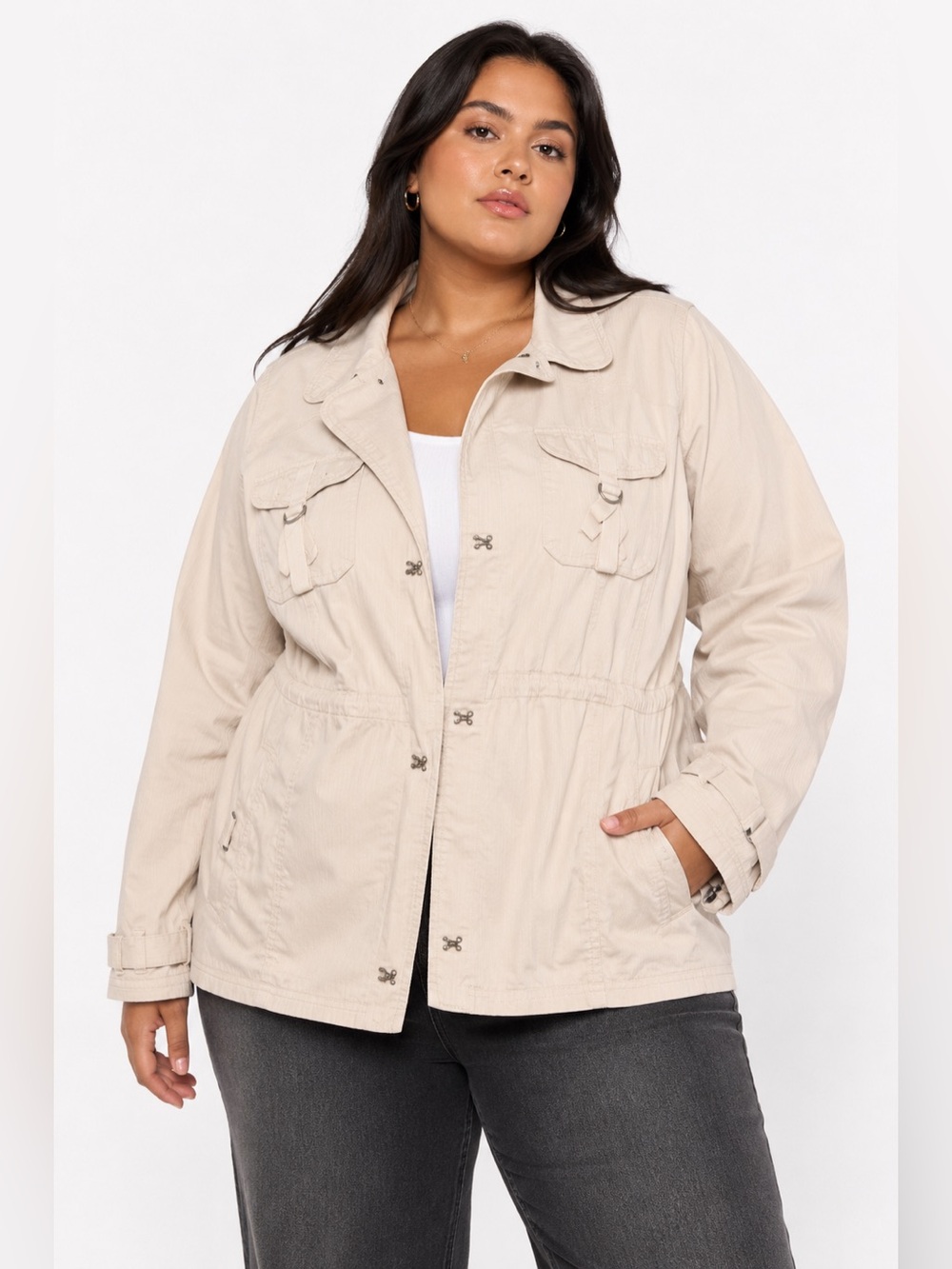 Y2K Vintage Venezia Cargo Utility Hook & Eye Jacket (Cream) Size 1X/2X